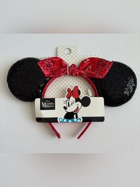 Disney Minnie Mouse Sequin Ears Red Bandana Bow Headband NWT